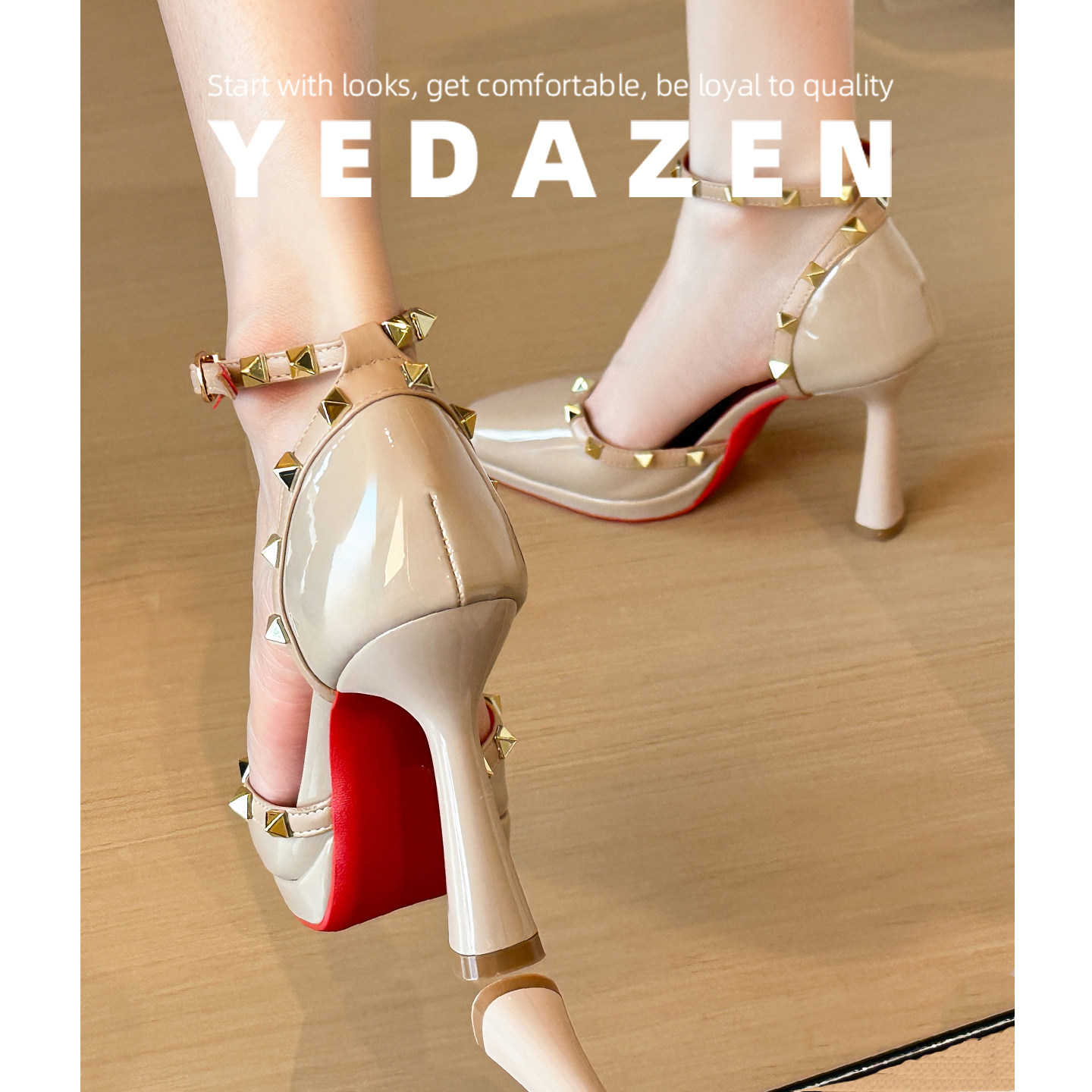 2026新款防水台方头裸色高跟鞋粗跟铆钉气质包头凉鞋女夏季配裙子