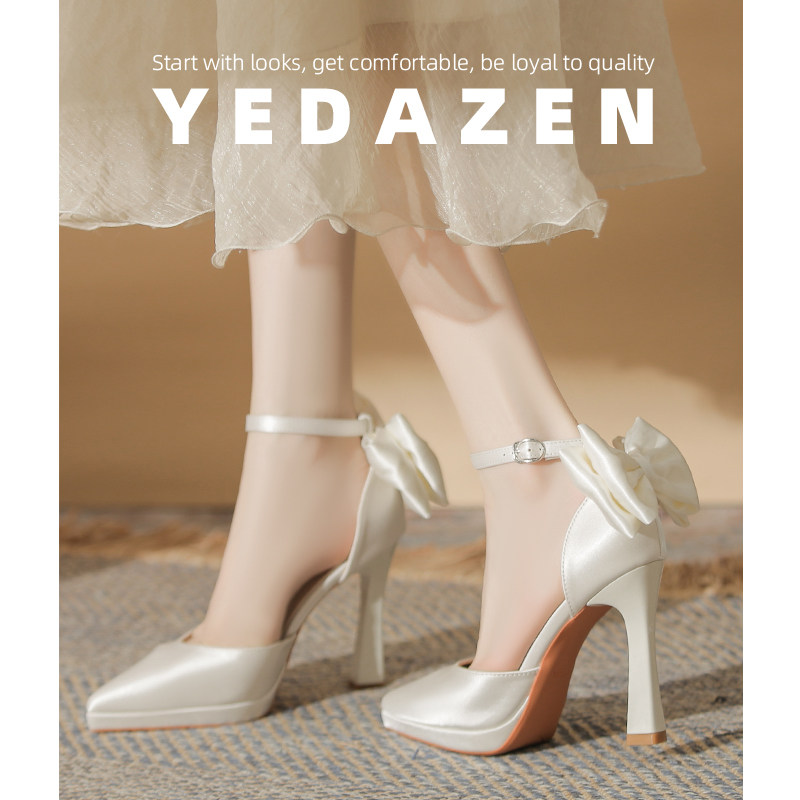 白色蝴蝶结超高跟鞋女粗跟新娘婚鞋禾秀婚纱两穿不累脚温柔伴娘鞋