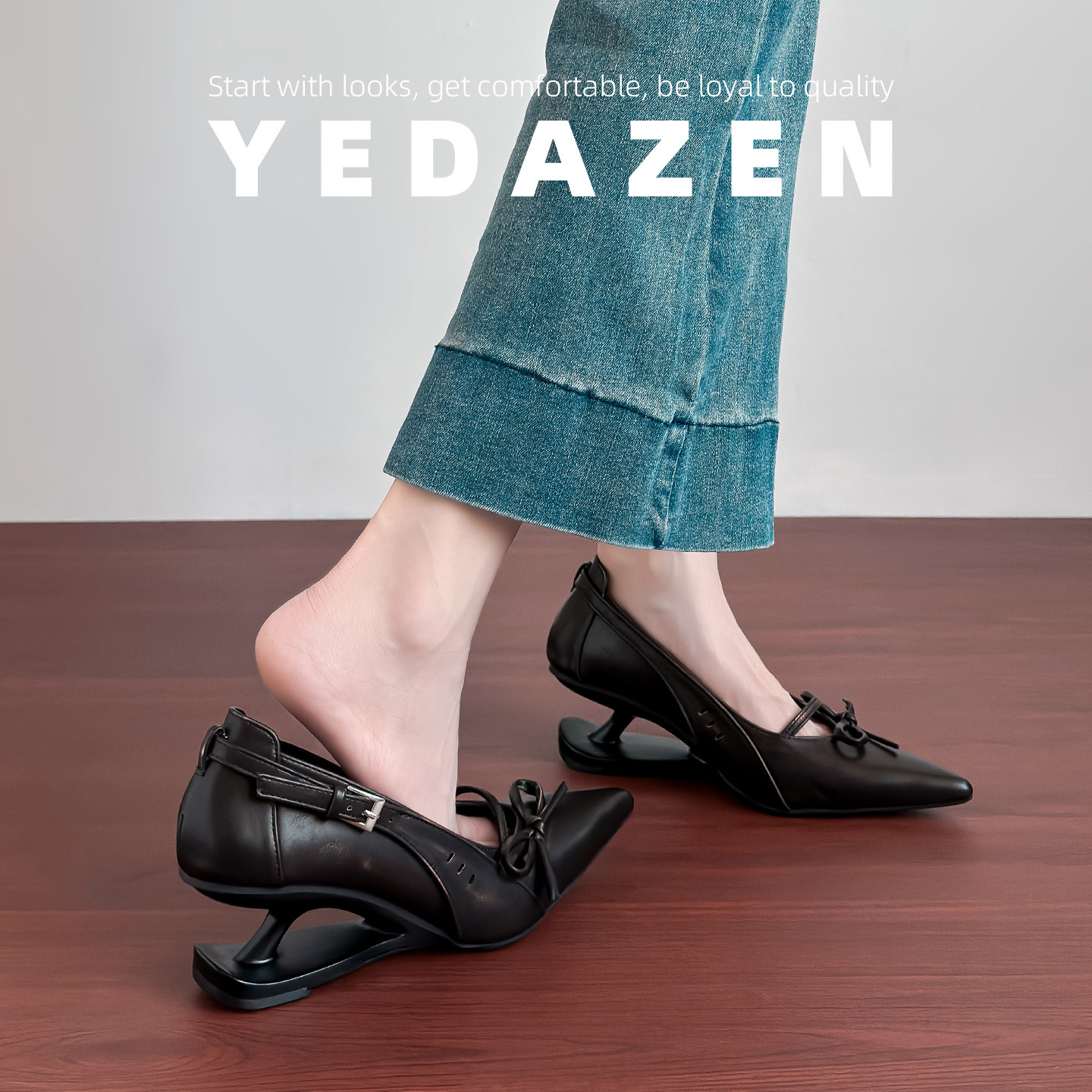 复古擦色做旧玛丽珍鞋女坡跟芭蕾风高跟鞋尖头蝴蝶结单鞋2026新款