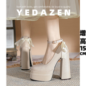 粗跟伴娘婚鞋 旗袍鞋 法式 小个子白色绸缎超高跟鞋 防水台玛丽珍单鞋