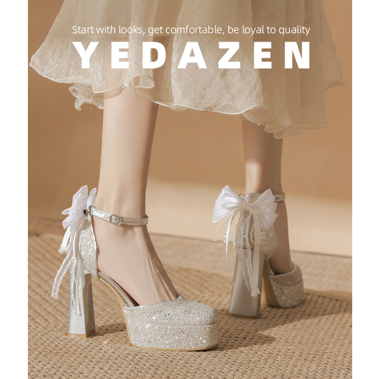 银色不累脚玛丽珍新娘主婚纱鞋粗跟防水台厚底高跟鞋女水晶订婚鞋