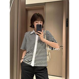 上衣宽松休闲热销 黑白拼色条纹翻领半袖 T恤女2025年夏季 新款 短袖