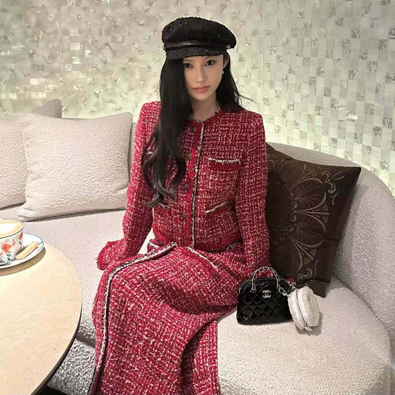 好漂亮红色格纹粗花呢小香风外套女2025年冬季新款短上衣名媛气质,女装/女士精品,短外套,淘宝优惠券,粉丝福利购,淘宝优惠卷