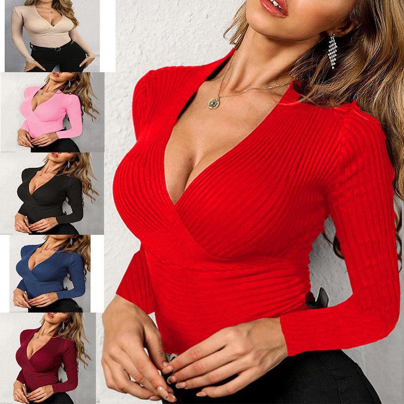 2025V-Neck Slim Fit Long Sleeve Knitted T-shirt Women's Tops