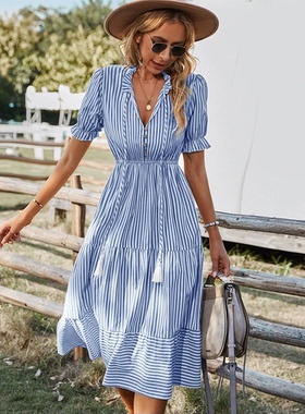 Summer Dress Women V-neck Beach Holiday Party Dress Ladies