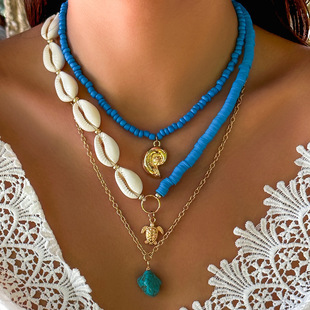Bohemian sunflower imitation pearl shell necklace woman跨境