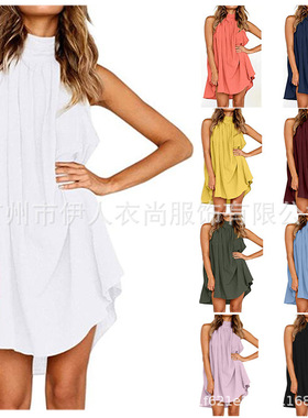 women's loose halterneck dress 女士宽松挂脖拼接女装连衣裙