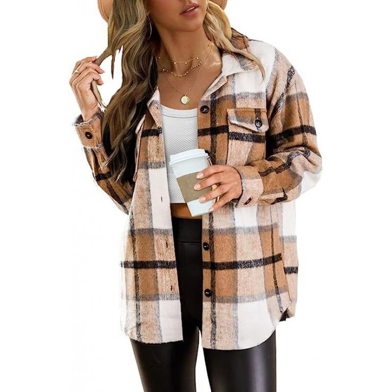 Women Fall Flannel Plaid Button Long Sleeve Shirts Jackets