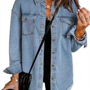 Women Oversized Button Long Sleeve Pockets Denim Jean Jacket