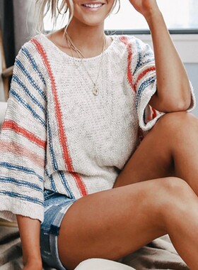 Women Spring Striped Knit Trendy Boho Tops Pullover Sweaters