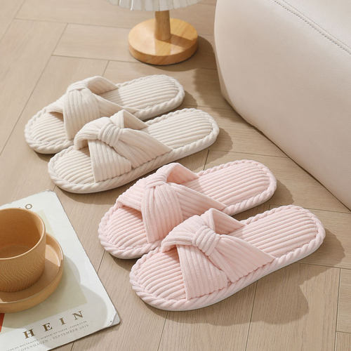 灯芯绒交叉棉拖鞋秋冬家用保暖女