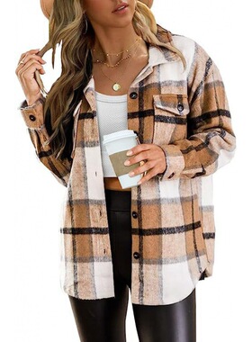 Women Fall Flannel Plaid Button Long Sleeve Shirts Jackets