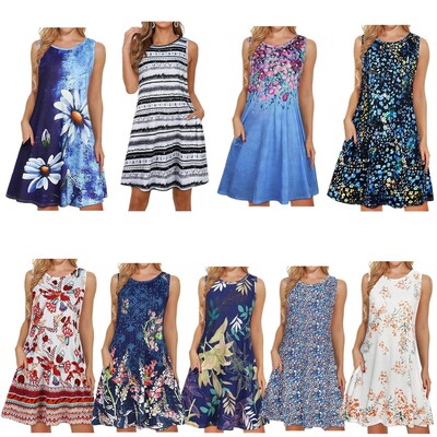 无袖连衣裙3D数码印花口袋女裙