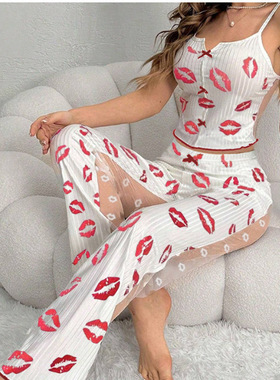 home wear mesh suspender pant pajama two-piece set sleepwear