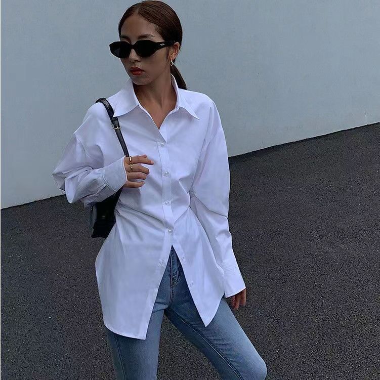 长袖白色职业衬衣女收腰长版衬衫