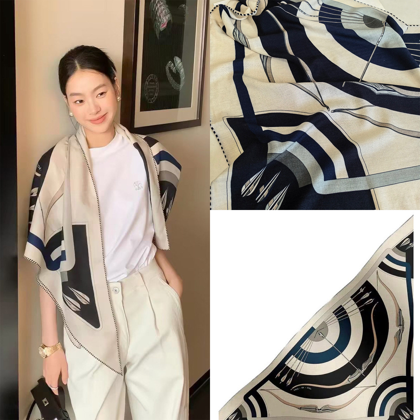 老钱风彩虹弓箭三角巾 女气质黑蓝手工边丝羊毛丝巾围巾丝毛披肩