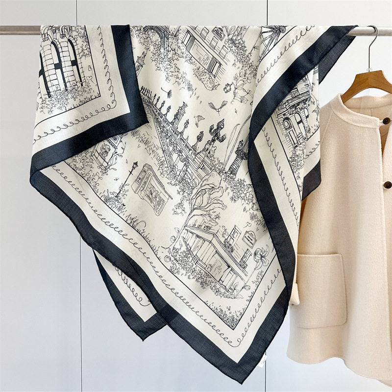 高级感真丝羊毛围巾女素描街景优雅保暖丝毛大方巾空调房保暖披肩