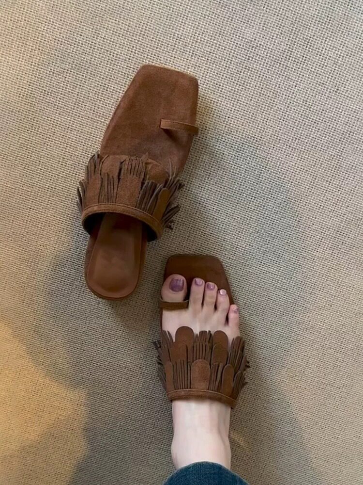羊皮版~小众平跟流苏低跟方头套趾一字拖鞋女外穿2026夏季凉拖鞋