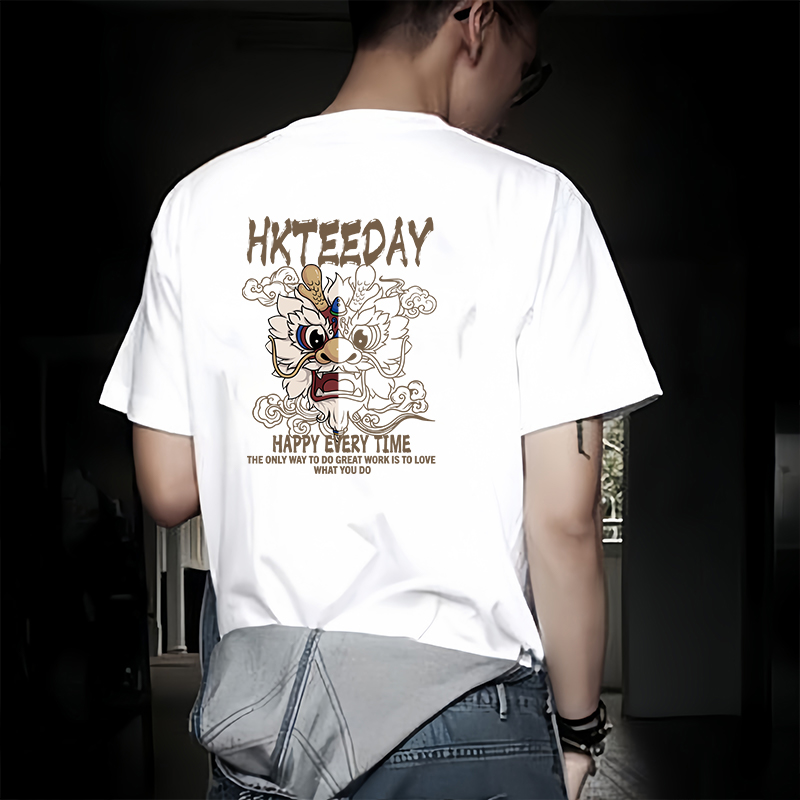 国潮舞狮印花短袖T恤男2024夏季新款宽松大码百搭半袖打底体恤衫