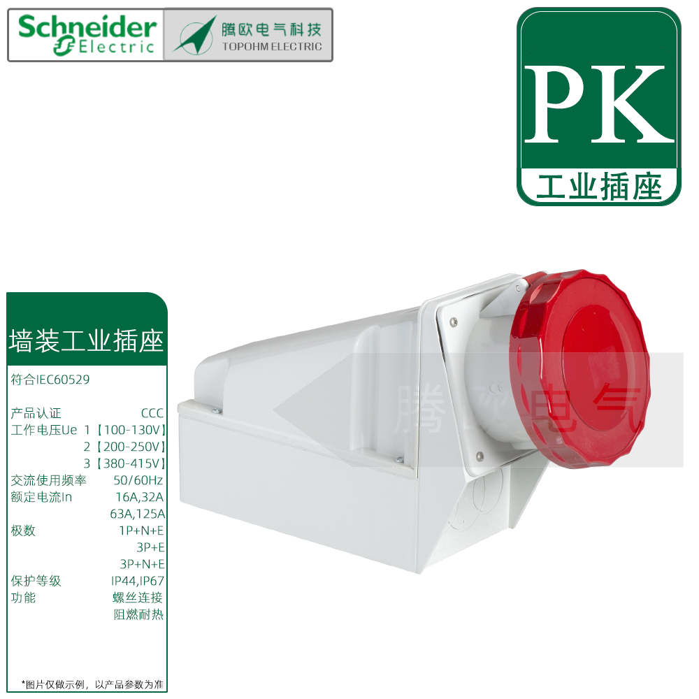 施耐德PK墙装斜体工业插座红蓝63A125A防护IP44 IP67级AC220V380V