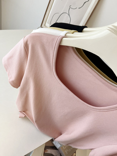 粉色气质方领莱赛尔天丝纯色正肩短袖T恤女夏季韩版修身显瘦上衣