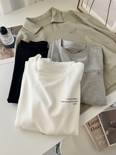 简约白~字母印花圆领长袖t恤女春秋宽松显瘦软糯透气内搭打底衫