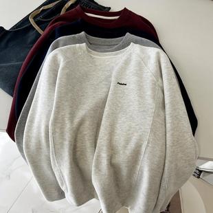 极简风白花灰刺绣小字母宽松套头卫衣女春秋新款 廓形上衣 圆领薄款