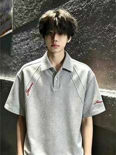 白花灰拼接刺绣短袖POLO衫男款夏季美式重磅翻领t恤高级感半截袖