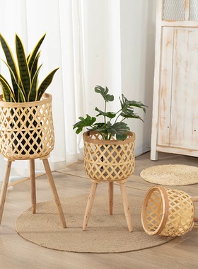 手工编织花筐ins风客厅可以移动植物篮龟背竹木编花盆阳台花架篮