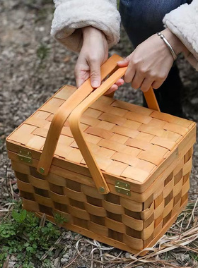 野餐篮ins网红带盖手提篮春游田园木编水果蔬菜篮手工编织收纳篮