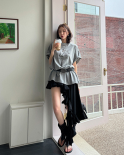 韩国小众设计25新款 不规则飘带荷叶边短裙女百搭显瘦波浪半身裙