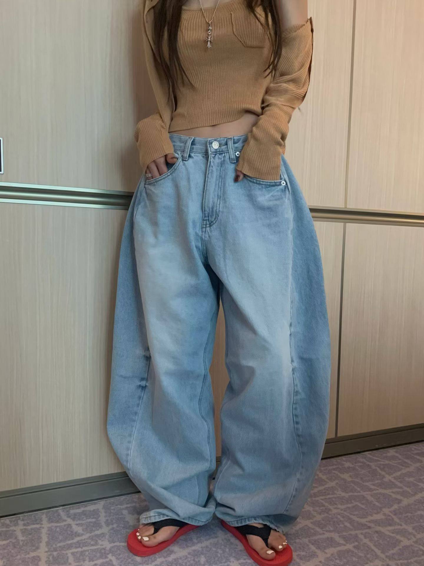 美式复古浅蓝色香蕉牛仔裤女2026春夏新款慵懒风宽松休闲阔腿长裤