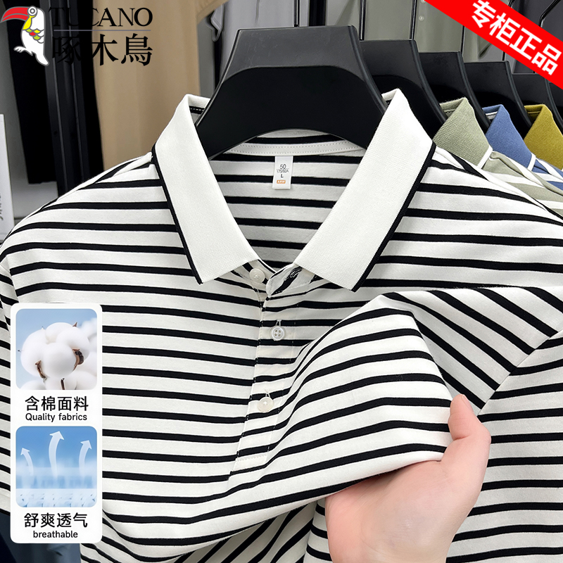 啄木鸟条纹纯棉polo衫男2025新款夏季高端桑蚕丝短袖t恤免烫体恤