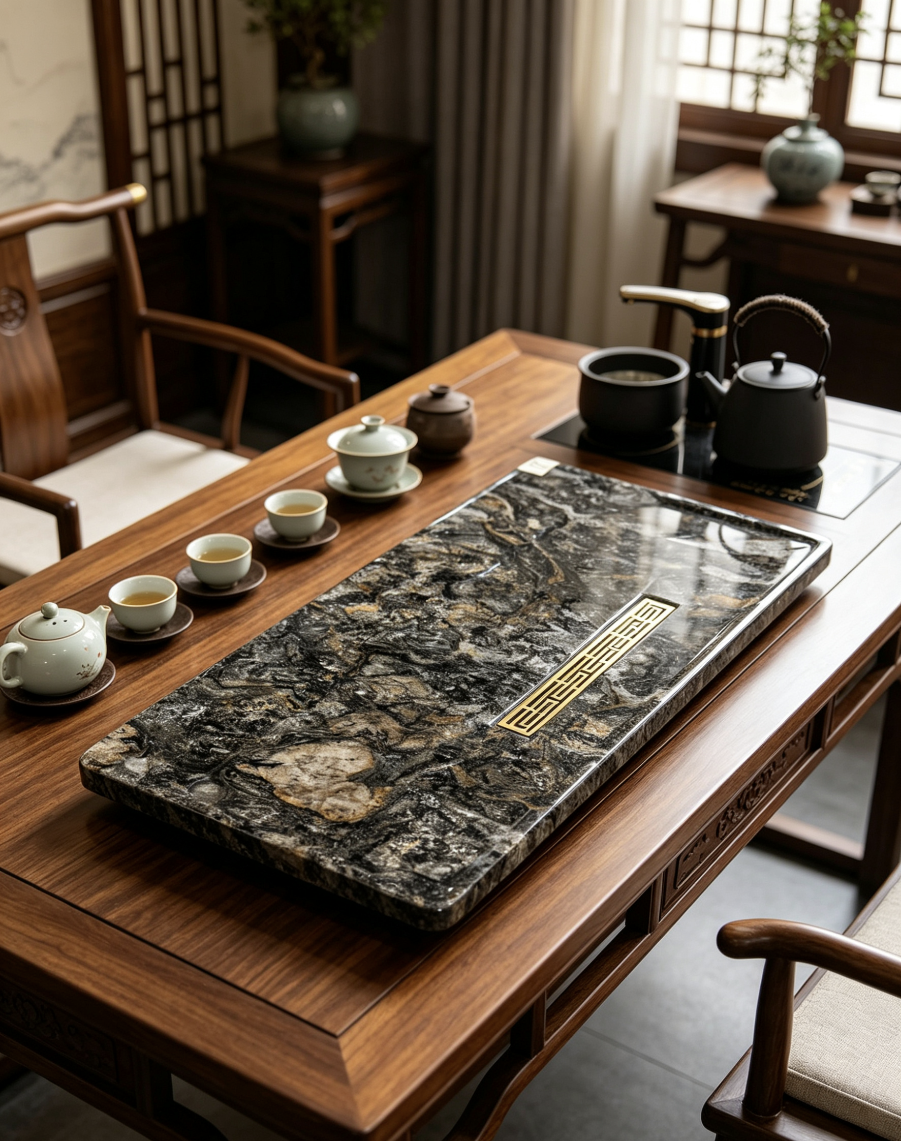 铂金钻高端天然奢石茶盘简约石头茶台现代轻奢高级感家用客厅茶盘