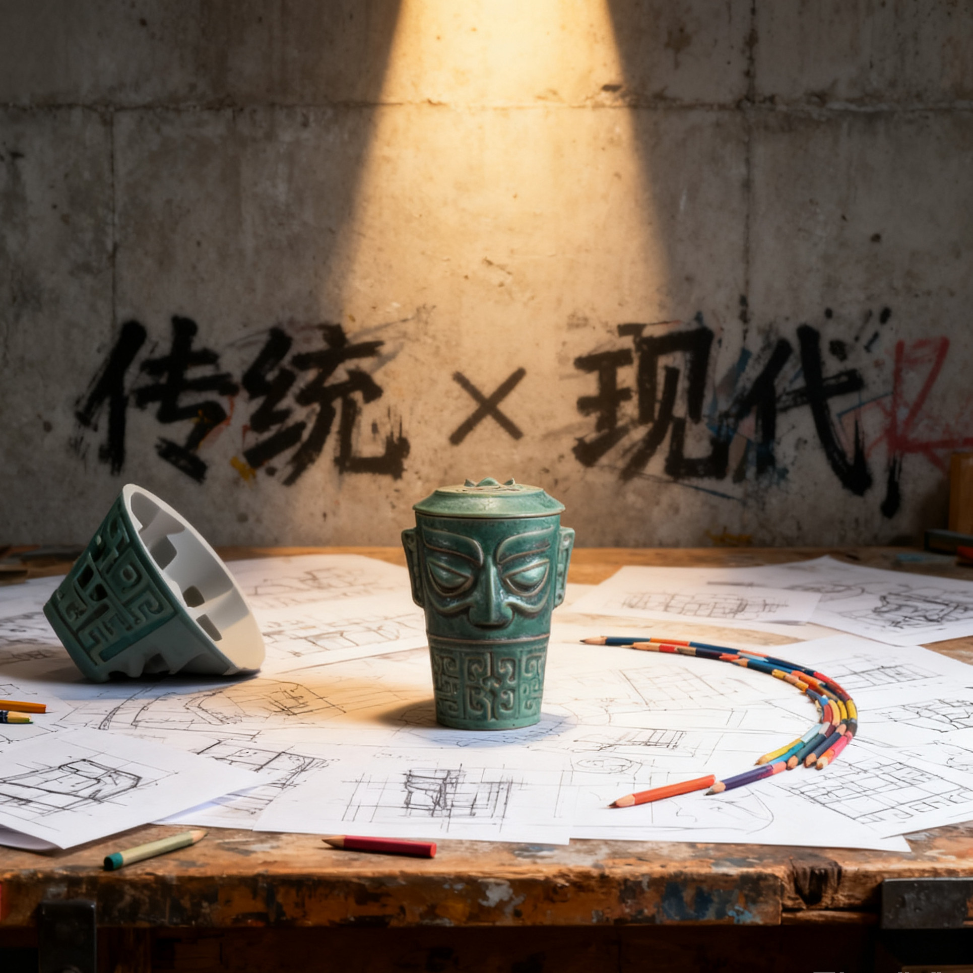 三星堆中国风造型独特古典青铜兽面具高容量马克水杯送礼礼盒套装
