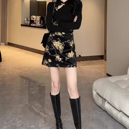 新中式复古国风刺绣旗袍黑色a字短裙女春夏小个子高腰包臀半身裙