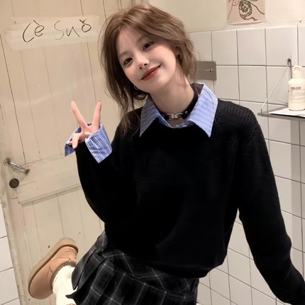 学院风黑色a字百褶裙套装女秋冬小个子高腰加厚格子毛呢半身短裙