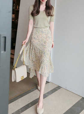 法式黄色不规则半身裙雪纺碎花裙女夏高腰垂坠感中长款包臀鱼尾裙