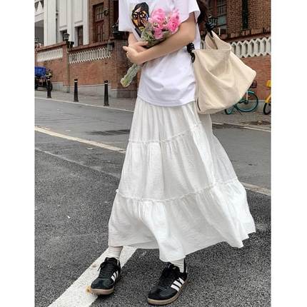 法式白色高腰拼接a字蛋糕半身长裙女春小个子垂坠感褶皱大摆伞裙