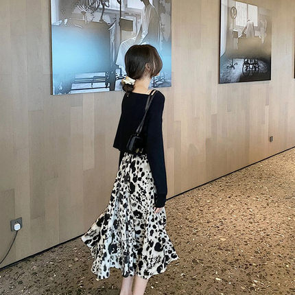复古黑白豹纹半身裙女夏设计感小众高腰显瘦中长款系带a字鱼尾裙