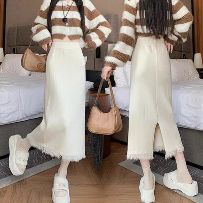 小个子流苏开叉包臀针织半身裙厚