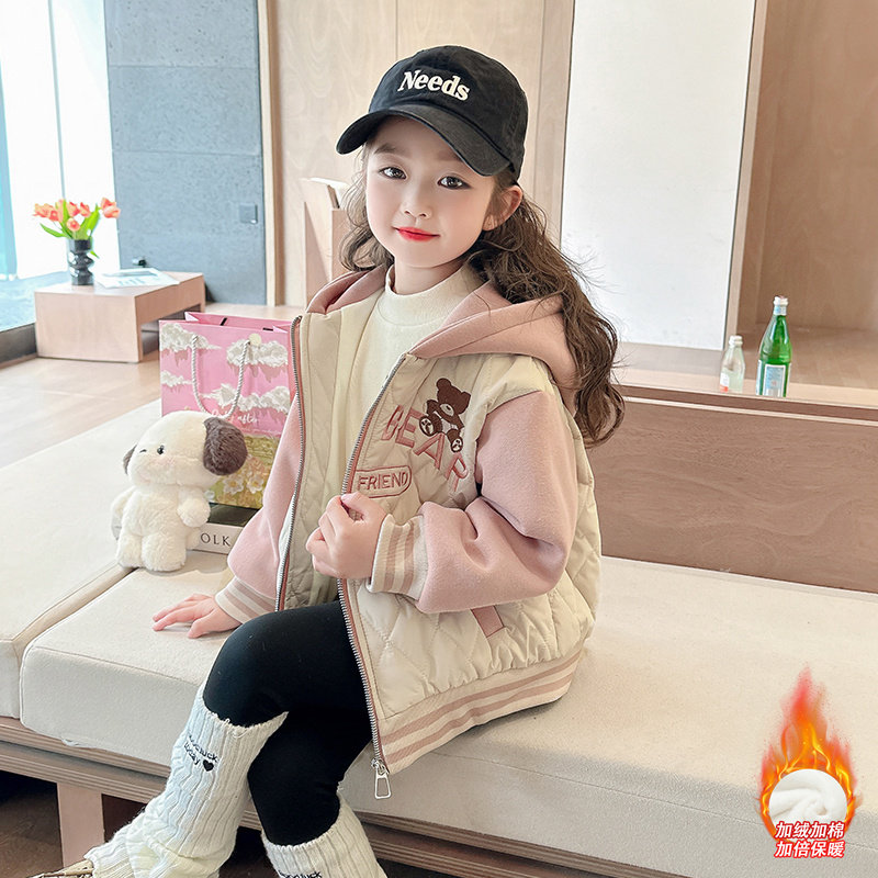 女童加厚棒球服2024秋冬新款儿童洋气加绒连帽外套小孩冬装外出服