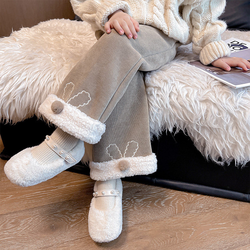 女童洋气加绒裤2024冬季新款儿童加厚外穿直筒裤冬装小孩宽松长裤