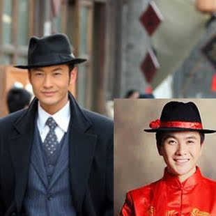 拍照黑色礼帽大沿魔术爵士红边中国风秀禾服新郎上海滩许文强帽子