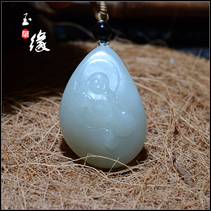 新疆和田玉挂坠青白玉山料弥勒佛挂坠玉之缘男女新品礼品玉佩证书