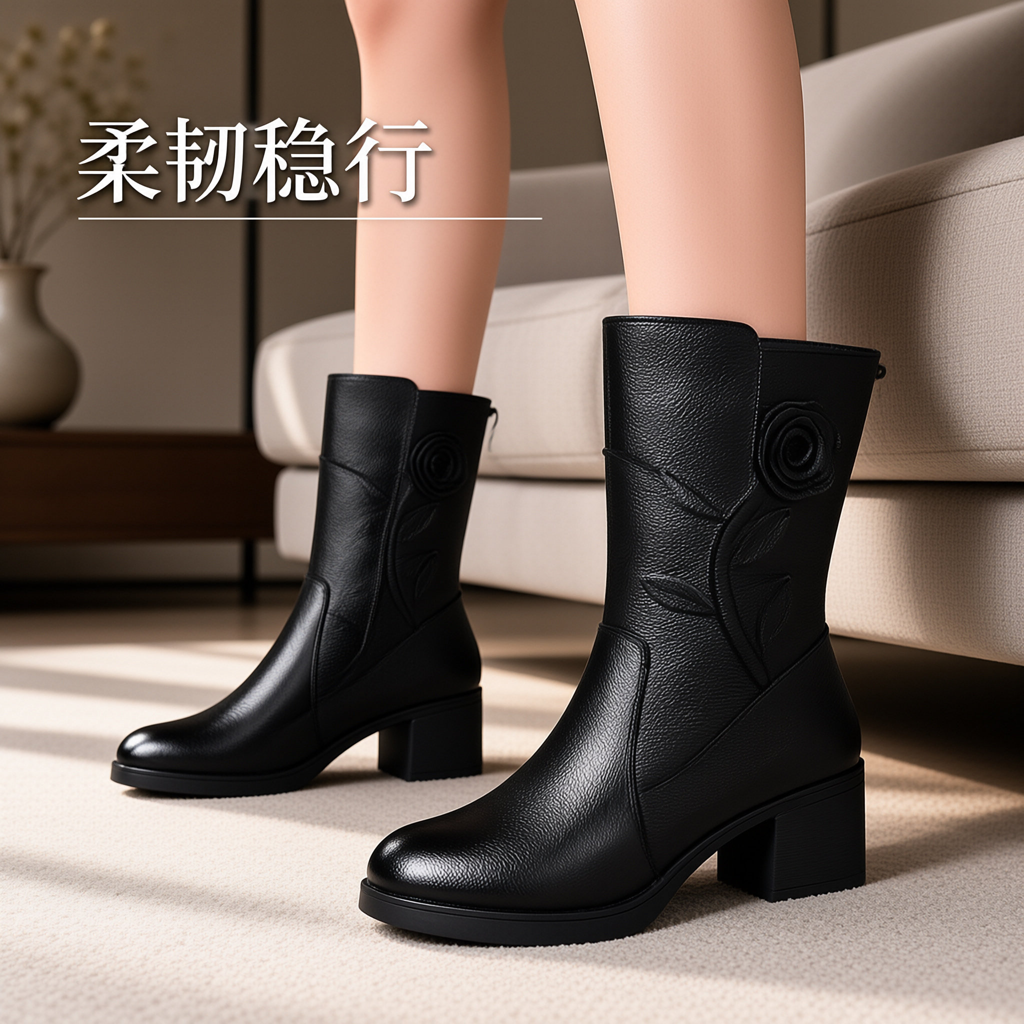 冬季靴子女真皮中筒靴