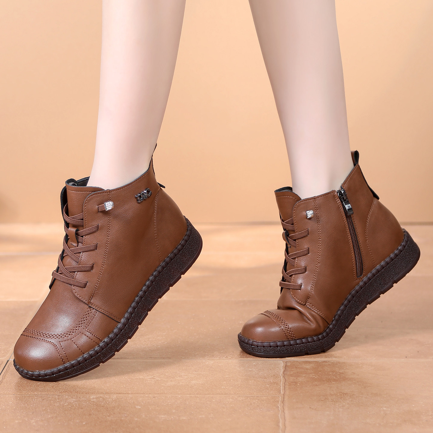 欧美真皮短靴女平底秋冬大码棉靴子中老年人防滑软底妈妈鞋小皮靴,女鞋,时装靴,淘宝优惠券,粉丝福利购,淘宝优惠卷