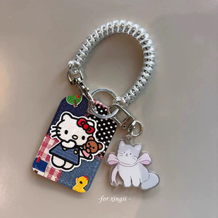 拼接牛仔KT猫水滴门禁小卡nfc感应卡保护套可爱卡通挂件包防丢绳