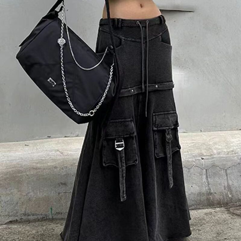 可拆卸黑色多口袋工装牛仔长裙女秋冬款高街宽松显瘦洋气中长裙子