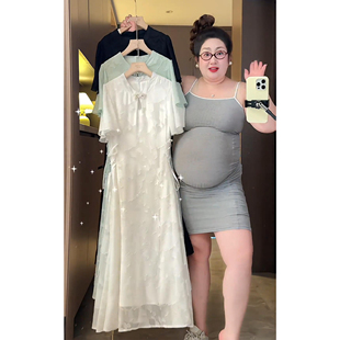 大尺码新中式盘扣旗袍洋装女夏季胖mm显瘦收腰气质高级感国风裙子